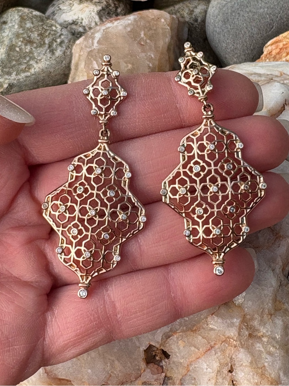 Kendra Scott Renee Gold Tone Filigree Statement Earrings Cubic Zirconia Stones